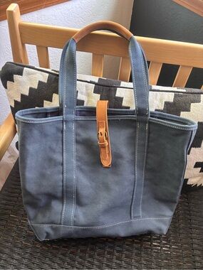 L.L. Bean Canvas Tote Bag with Leather Strap - Blue